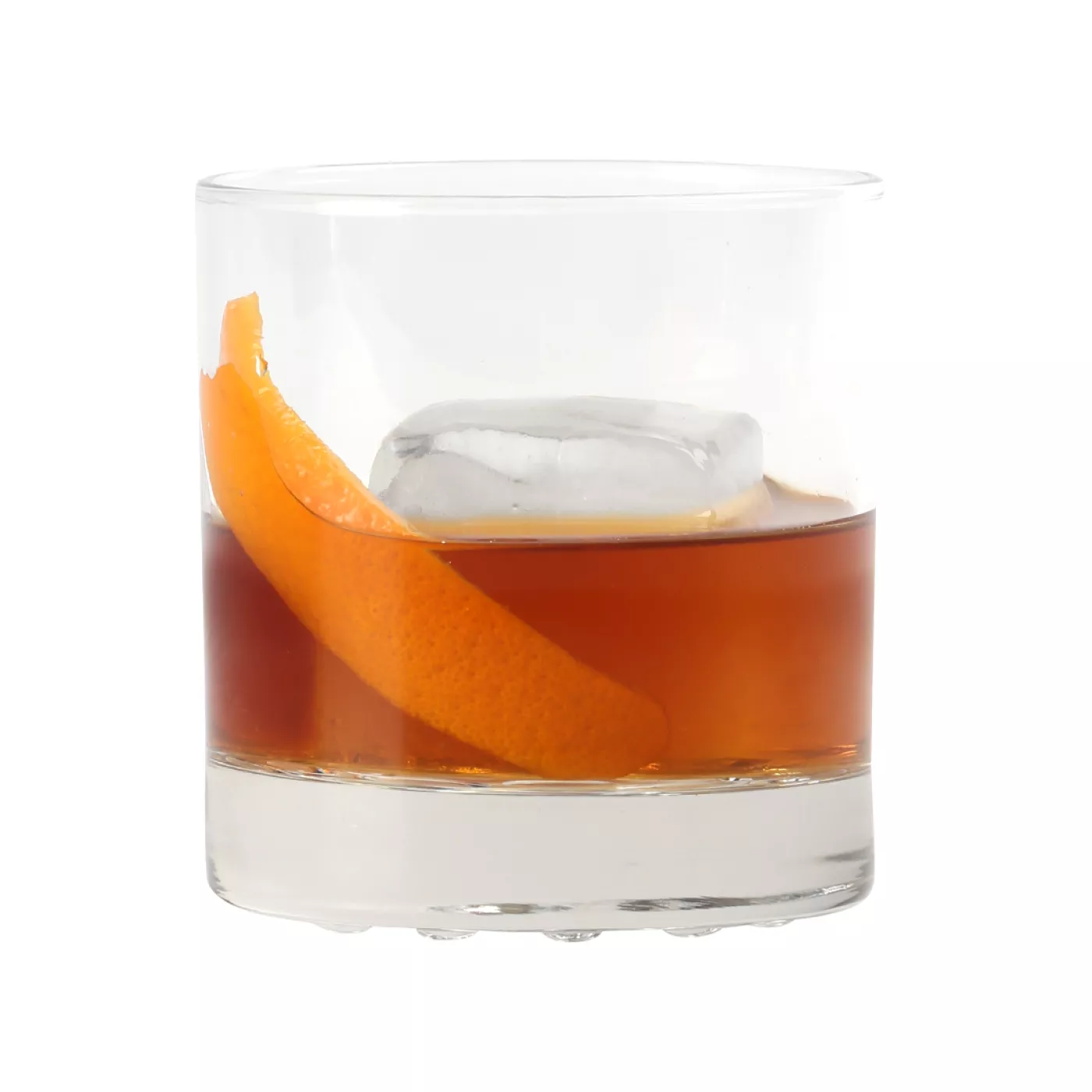 Image of a glass half filled with Old Fashioned Cocktail with garnishing of Orange peel